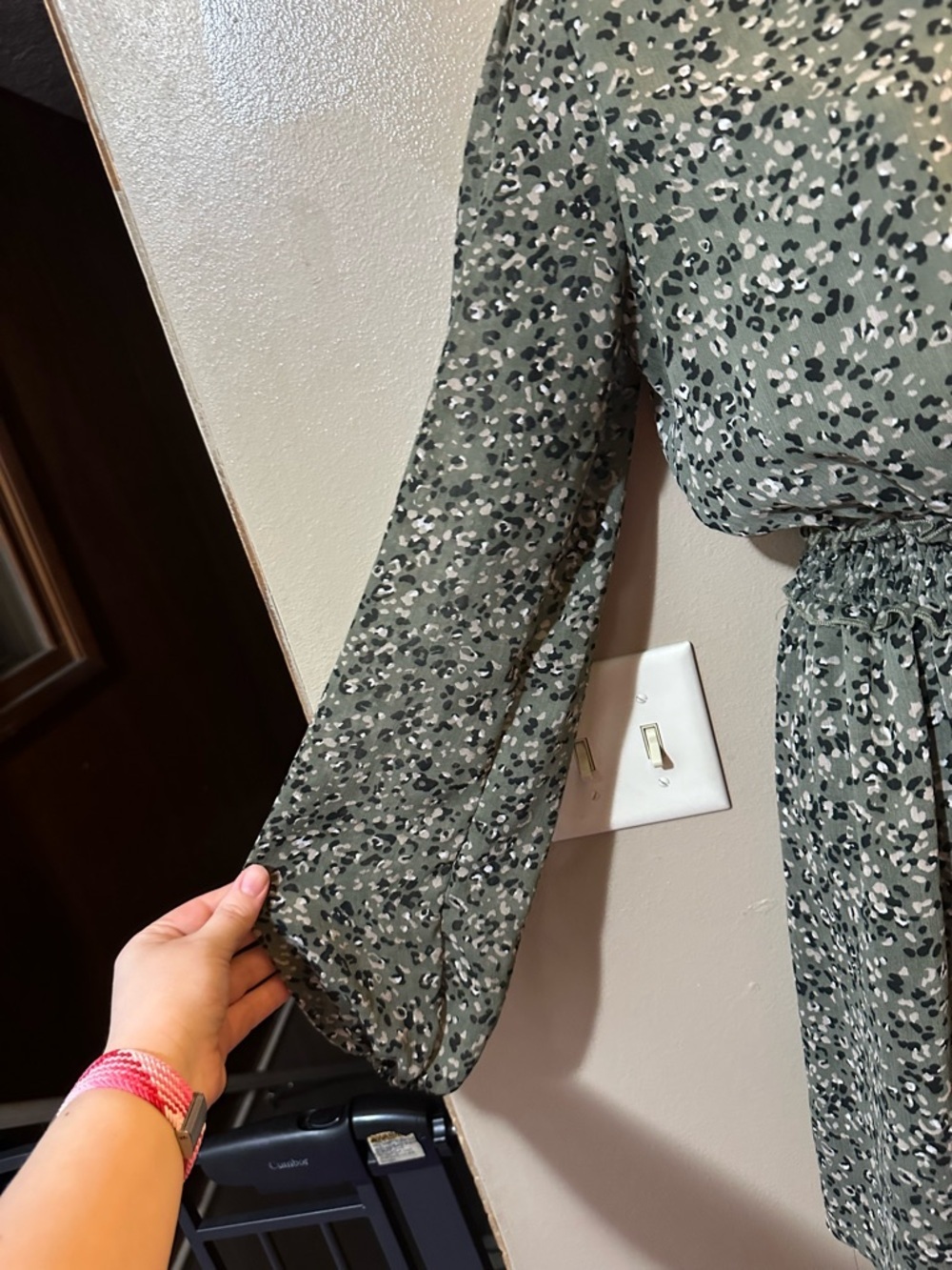 Sadie & Sage Olive Green Cheetah Print Smocked-Waist Long Sleeve Dress - Picture 5 of 10